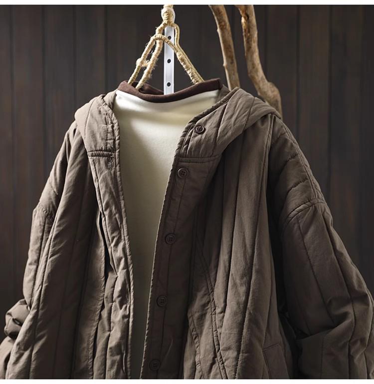 Women's Retro Winter Quilted Cotton Jacket with Hood, Vertical Stripes, Loose Fit, Petite Size, Warm & Thick Design