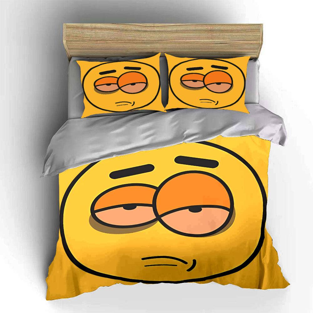 3Pcs Sleepy Lazy Face Cartoon Duvet Cover Set, Solid Yellow Minimal Emoji Bedding with 1 Duvet Cover 2 Pillowcases, Gift