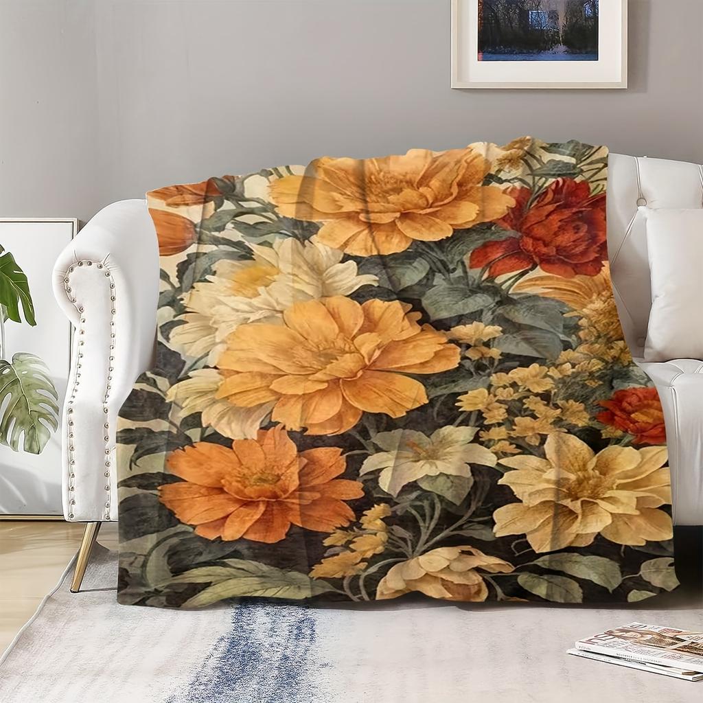 Large Botanical Floral Printed Throw Blanket for Sofa Couch Home Decoration Cozy Autumn Fall Seasonal Decorative Plush Wrap Gift