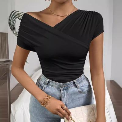 Women's Spring&Summer Pleated Slant Neck V-Neck Sexy Short Sleeve T-Shirt