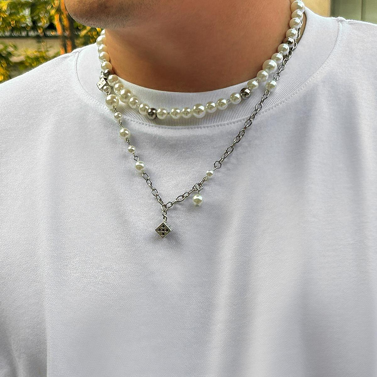 Salircon Steampunk Metal Dice Pendant Short Necklace Men s Gothic Imitation Pearl Chain Clavicle Necklace Aesthetic Neck Jewelry