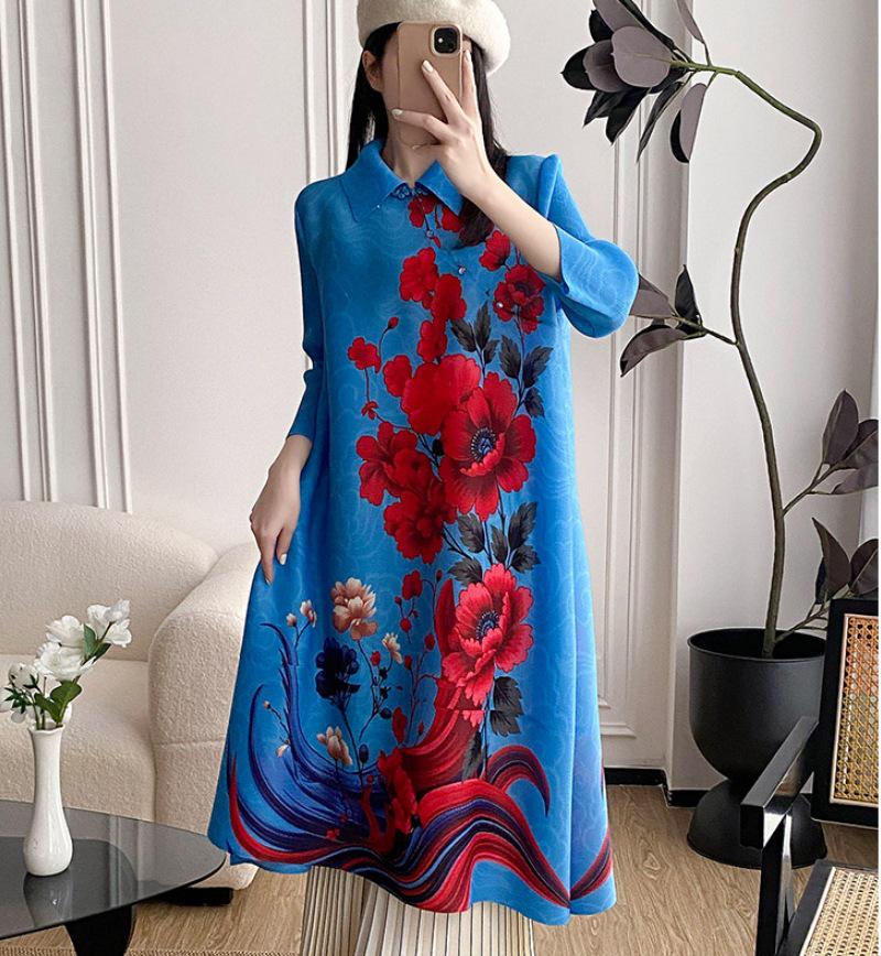 "Miyake Pleats 2025 Autumn Women's Loose Solid Color A-Line Dress (Large Size)"