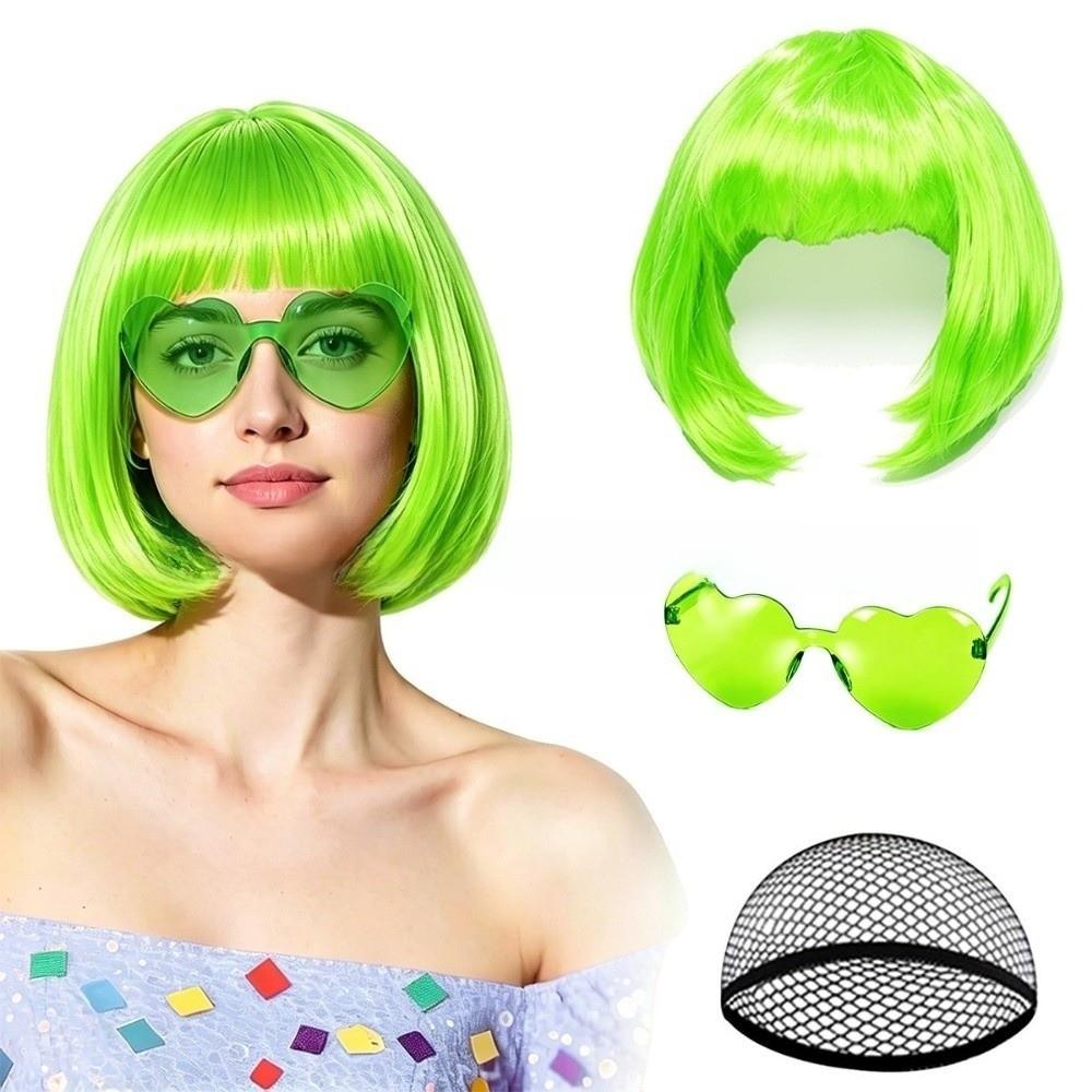 3Pcs Halloween Cosplay Wig Set Colorful Short Bangs Y2K Role-playing Short Hair Wig Halloween