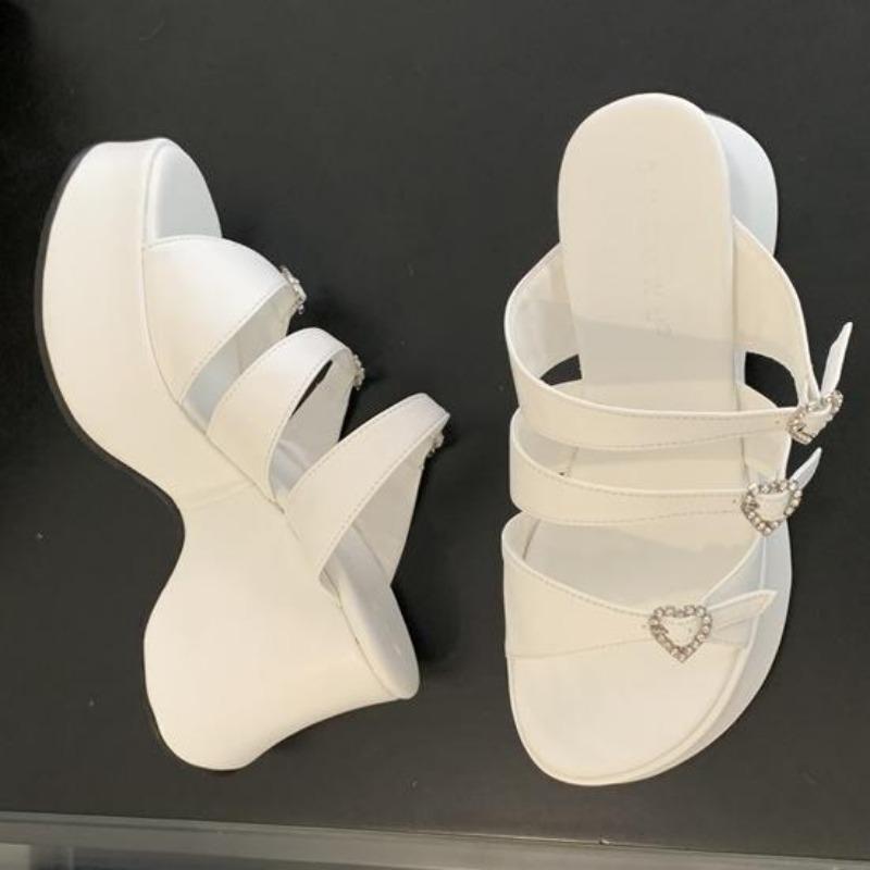 Fashion Heeled Slippers Woman Platform Sandals Summer Belt Crystals Buckle Chunky Shoes Black High Heels Zapatos De Mujer Sandals Woman