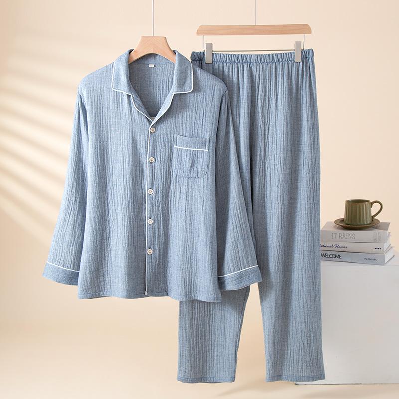 Men's Cotton Pajama Set Nightwear Long Sleeve Tops Pants Pajama Sets Soft 2 Piece Button Down Lounge Set for Men Lapel Comfortable Sleepwear