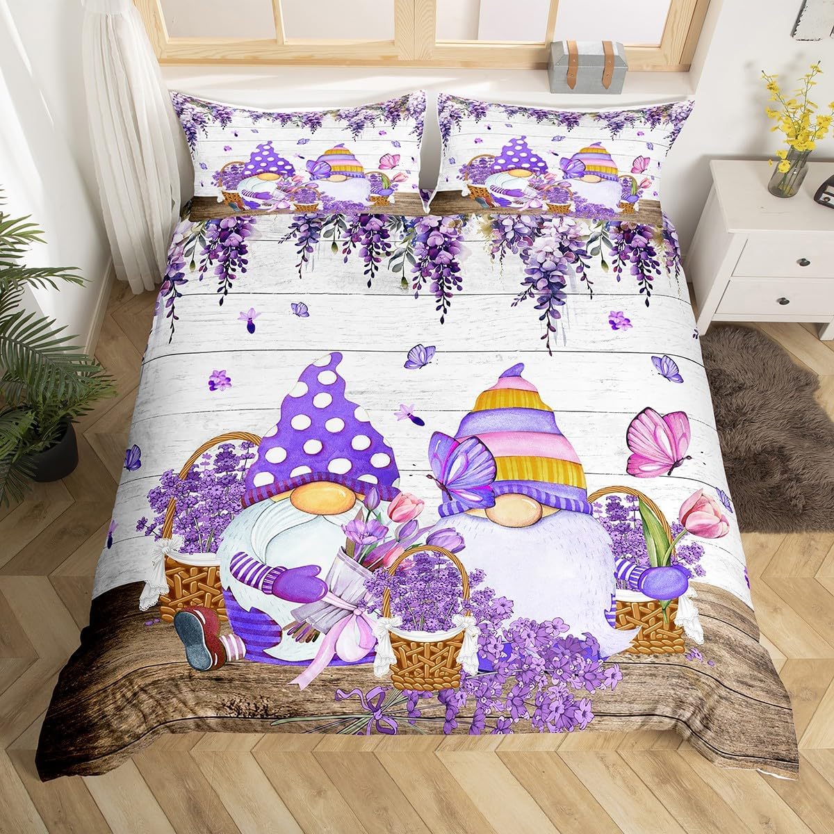 

Comforter Pink Spring Flower King Queen Gnomes Bedding Set Watercolor Butterfly Floral Comforter Polyester Comforter (quilt)-EU Single(135*200cm)3pcs