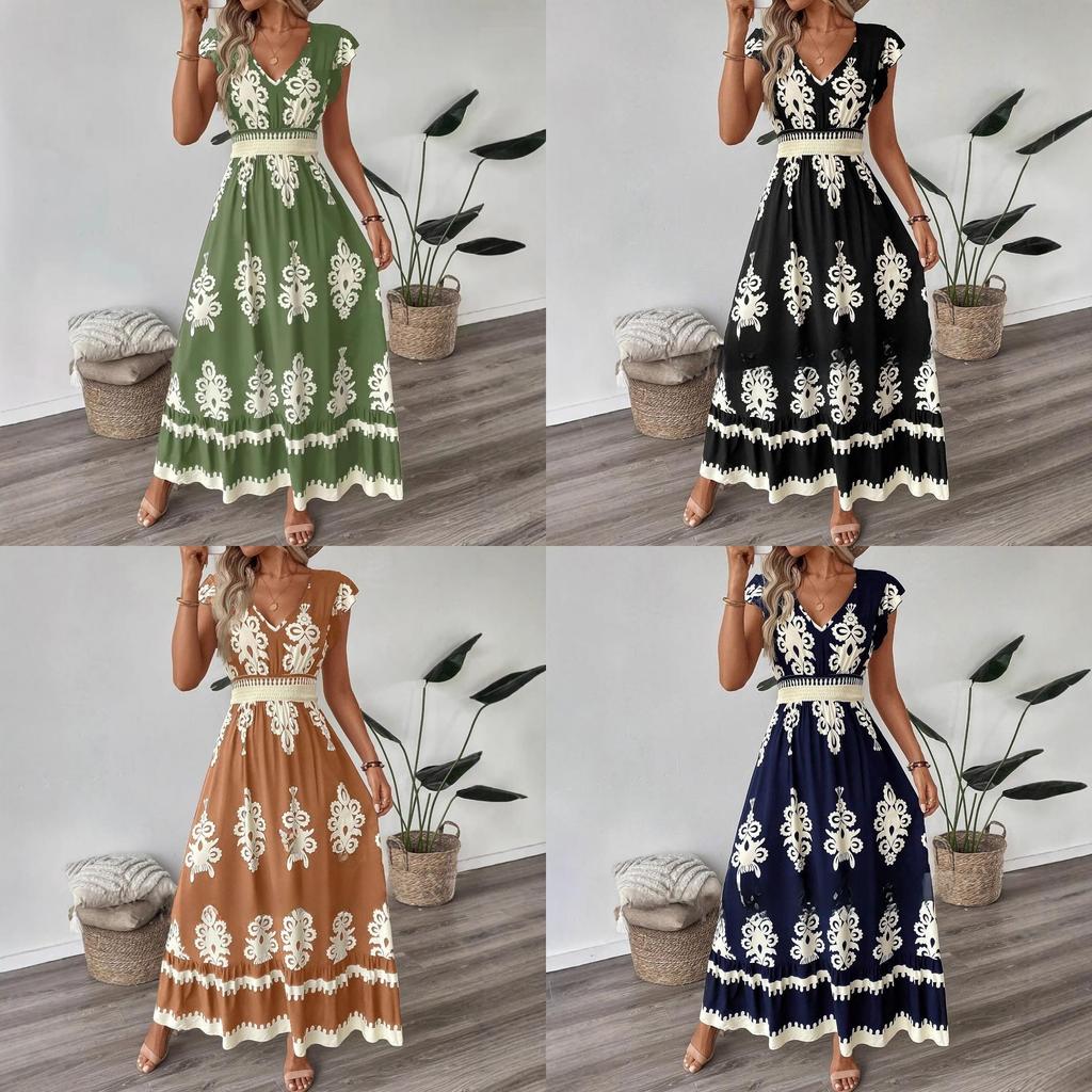 Polyester Beach Dress With 3d Print Vneck High Waist For Summer Vacation