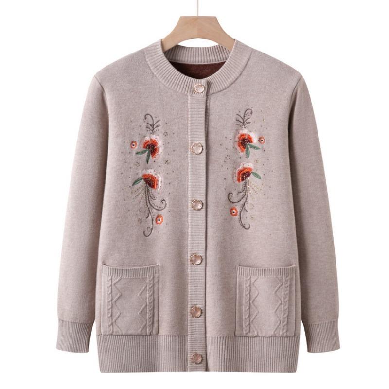 Grandma Sweater Women's Plush Thickened Knitted Sweater for the Elderly Autumn and Winter Embroidered Cardigan Mother Jacket for the Elderly