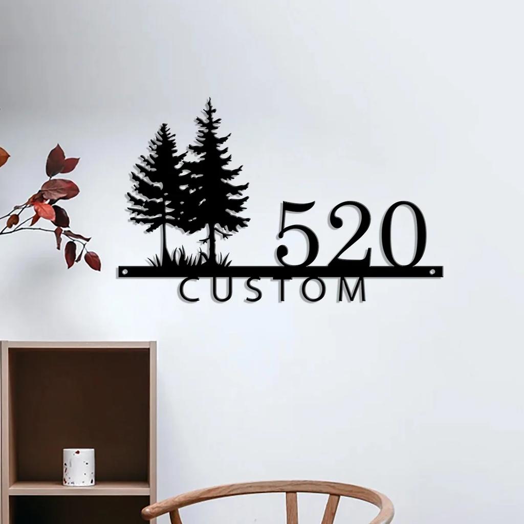 Metal House Number Sign, Personalized Pine Tree Address Plaque, Farmhouse Outdoor Name Plate, Rustic Mailbox Decor