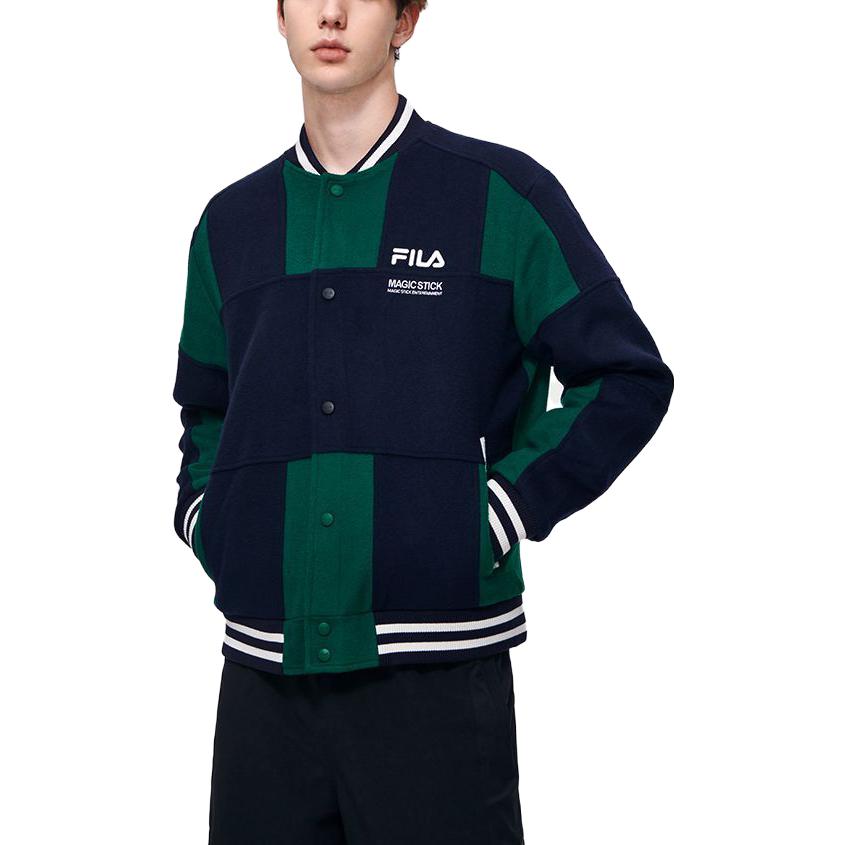 FILA Fleece Letter Embroidery Color Block Loose Long Sleeve Baseball Jacket Men jackets Secret-Mirror-Blue F11M319701F
