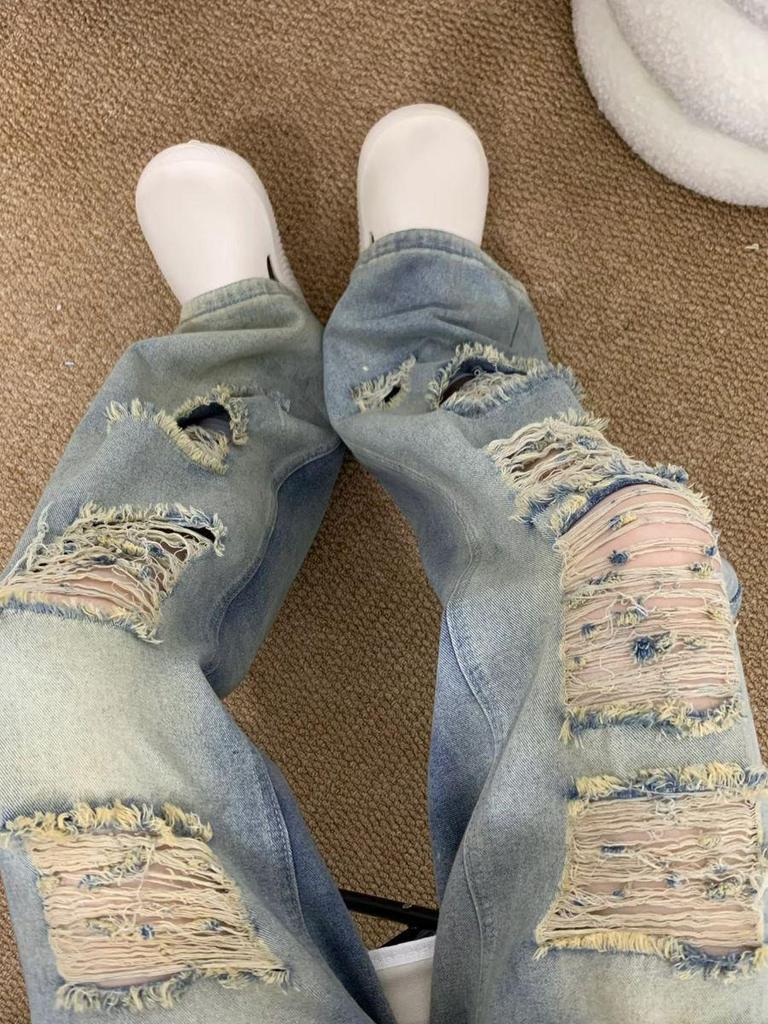 High Waist Retro Ripped Jeans for Women - Loose Slimming Straight Leg, Wide-Leg, Floor-Length Pants