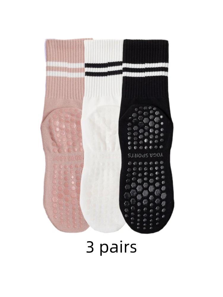 3pairs Yoga Socks Women Anti-skid Grips Mid-tube Bottom Breathable Fitness Dance Barre Workout Pilates Socks Anti Slip Silicone