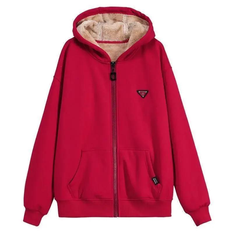 Plus Velvet Thick Warm Jacket Women's Autumn and Winter Plus Size Hooded Loose Fat Jacket Trend