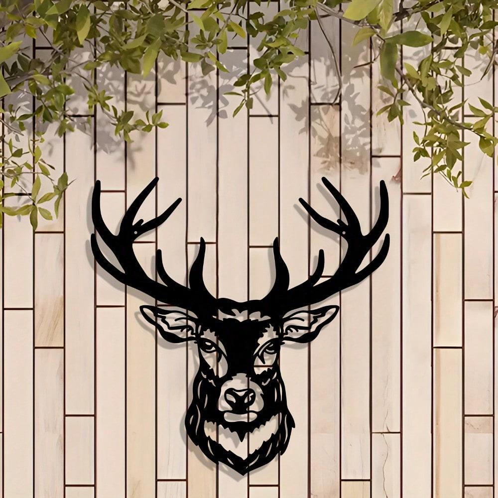 2D Flat Abstract Deer Metal Wall Art, Modern Black Silhouette with Rustic Wood Background for Home Decor