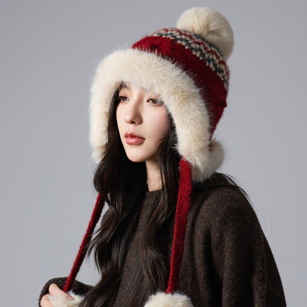 Warm Fair Isle Style Beanies Printed Ear Protection Hat Sweet Jacquard Knitted Hat  Autumn
