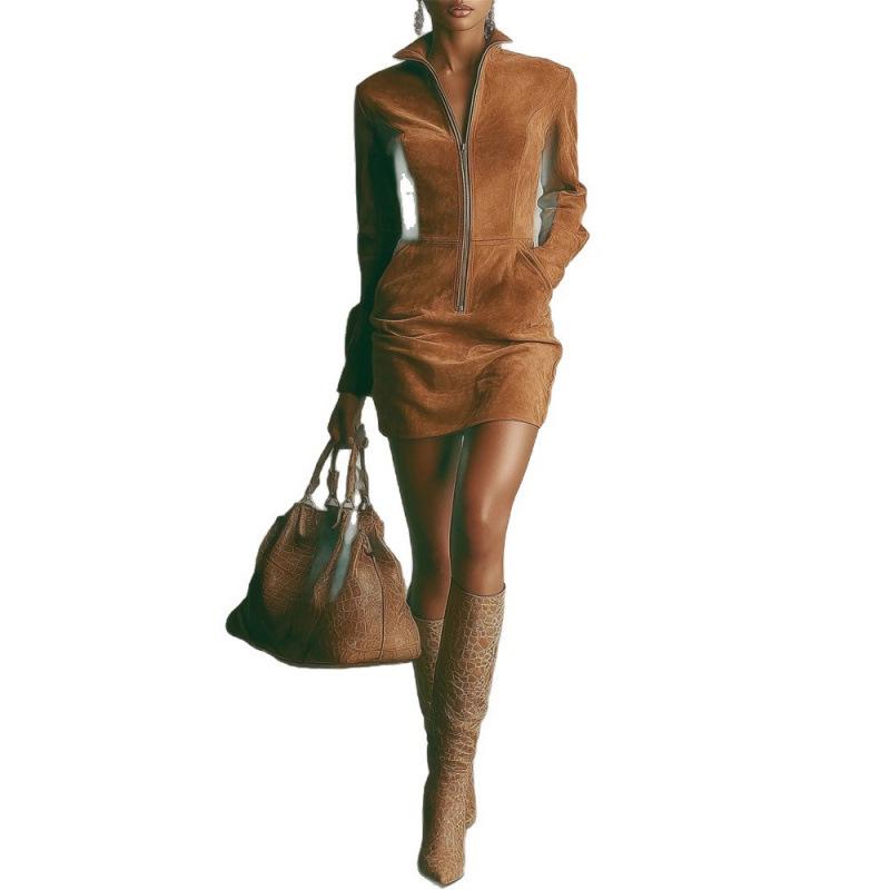2025 Autumn/Winter European & American Women's Suede French Zipper Dress with Long Sleeves and Short Skirt