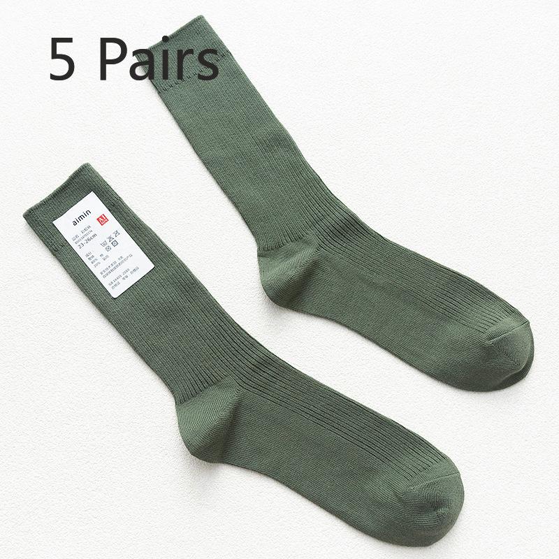 5 Pairs of Men's Retro Sweat-absorbing Vertical Striped Plain Color Cotton Mid Calf Socks