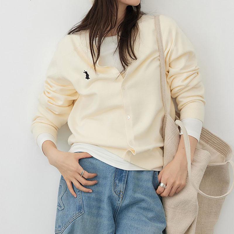 2026 Korean Rabbit Embroidery Knit Cardigan - Solid Color, Simple & Lazy Style Outerwear Top