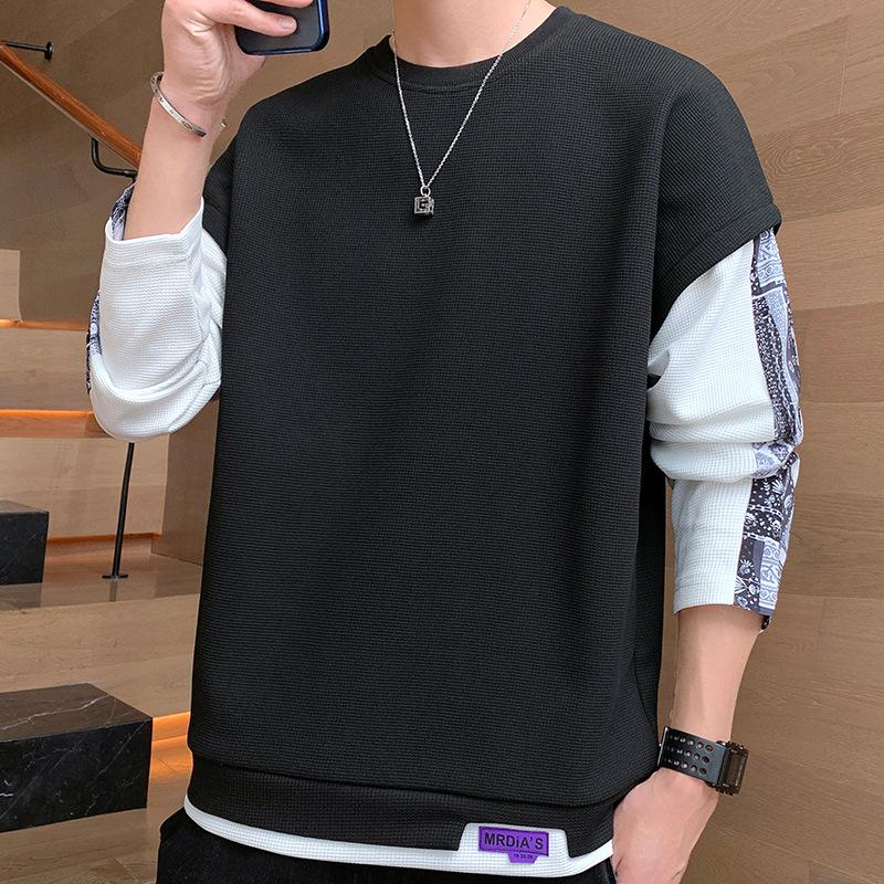 Waffle Fake Two-piece Men's Sweater Crew Neck Spring and Autumn Trendy Brand Cashew Flower Long Sleeve Design Sense Niche Clothes