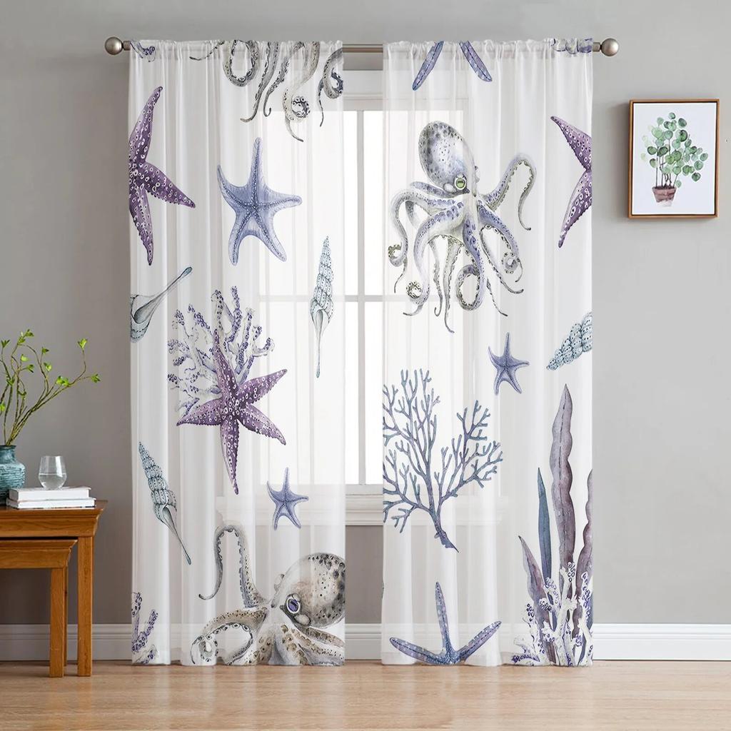 Sea Octopus Retro Cthulhu Sheer Curtains for Living Room Modern Voile Curtain Bedroom Tulle Curtains Window Drapes Decor