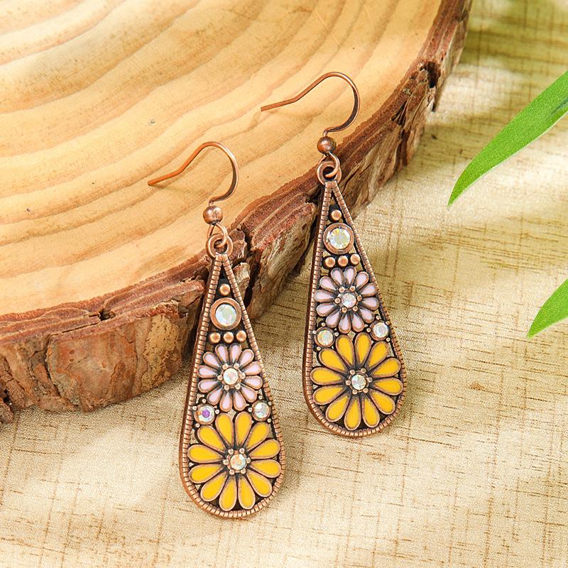 Fashion Ethnic Boho Enamel Flower Long Drop Dangle Earrings For Women Rhinestone Geometric Waterdrop Vintage Wedding Zircon