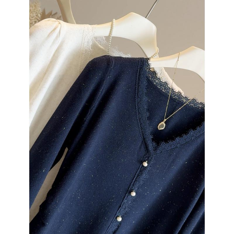 Glitter V-neck Sweater Women's Spring and Autumn New Lace Splicing Knitted Bottoming Sweater
