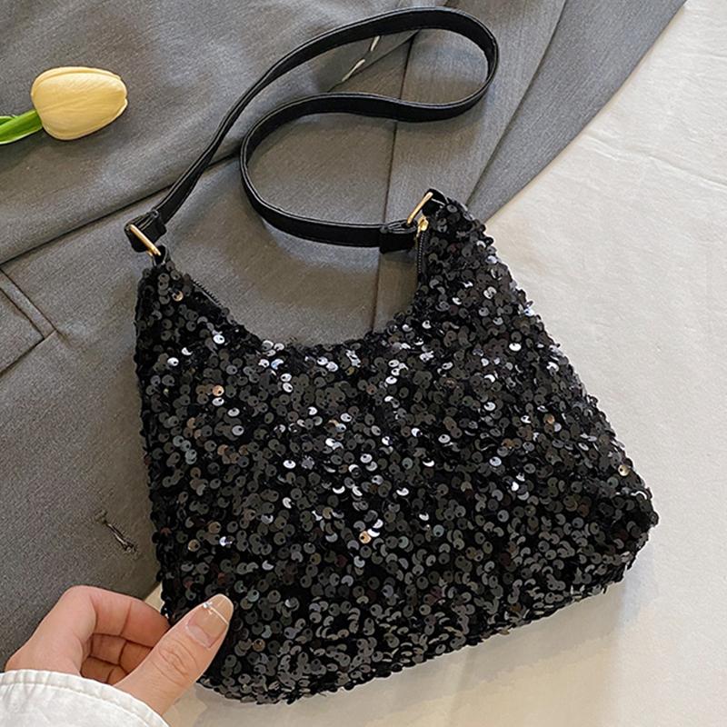 Fashion Women's Sequin Decorated Hobo Bag Black/Silver for Parties Daily Outings Stylish Compact Trendy Evening Bag