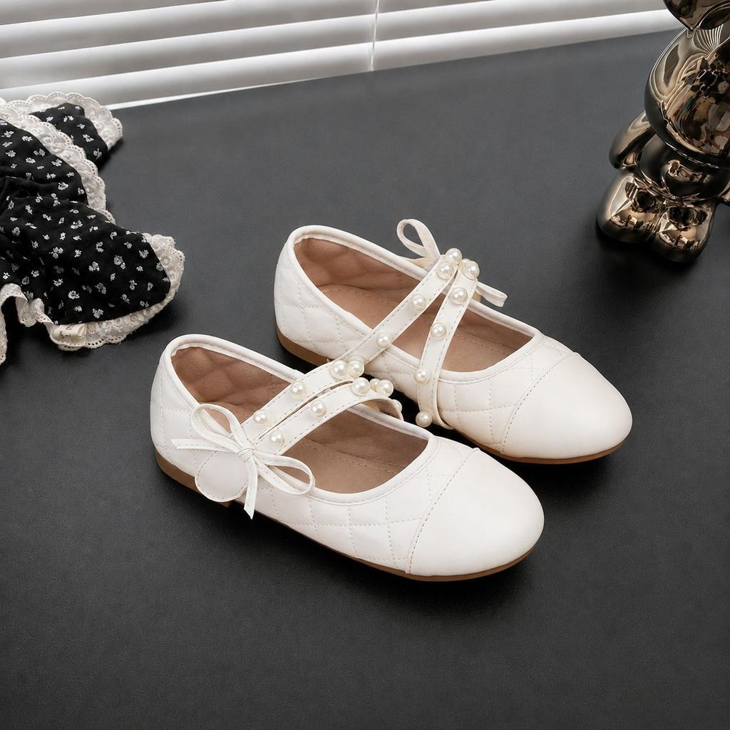 Girls' Leather Shoes, New Spring/autumn Collection, Featuring Pearl Cross Straps, a Bow, a Flat Sole, a Princess-style Design, and a Chic, Elegant
