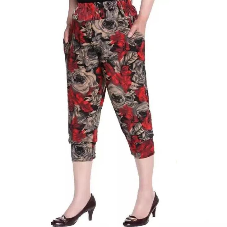 WTEMPO Mother's Loose Cropped Pants Mid-length Elastic High Waist Thin Printed Women's Spring Summer Ice Silk Wide Leg Pants