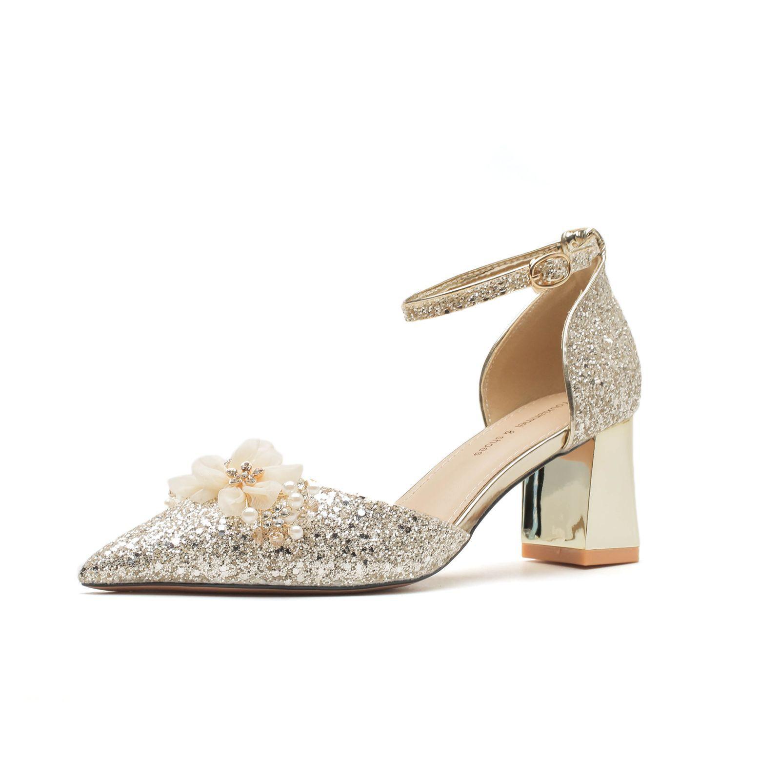 

Аппликация из блесток и зернистости на толстом каблуке с пряжкой, темпераментные свадебные банкетные свадебные туфли на высоком каблуке 40