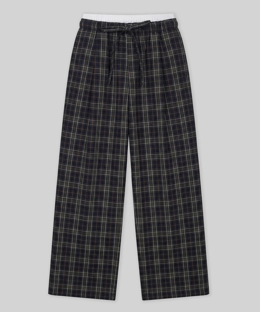 Beodeonteu Check Layered Single-Pleat Wide Pants [Green]