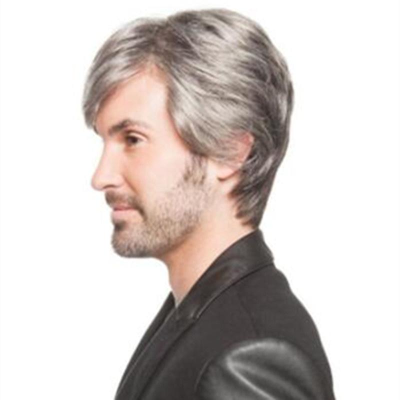 Synthetic Father Wig with Bangs Grey Wig for Elder Men Cosplay Party Costume Short Natural Hairstyle Wig Male Daily Use
