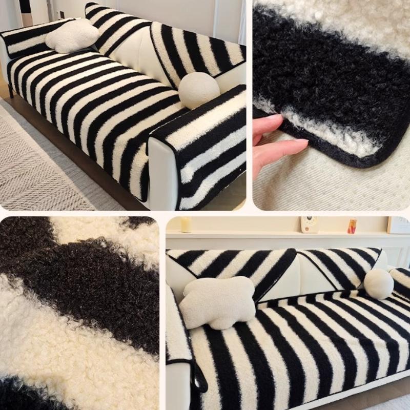 Stripe Lamb Wool Sofa Covers Minimally Thickened Plush Seat Cushion Anti Slip Sofa Blanket Living Room Decoration Couch Protective Mat