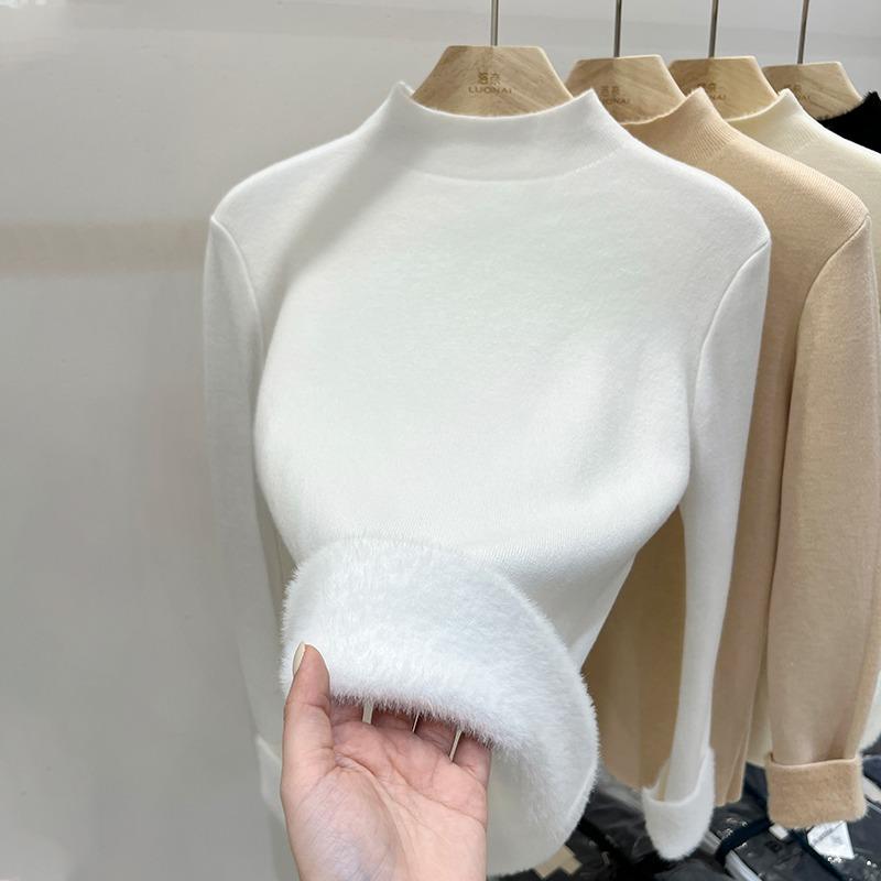 Autumn Half High Collar Slim Fit Warm Knitted Sweater Women Fashion Winter Thick Velvet Base Pullover Sweaters for Women Casual Plush Knitwears 24886