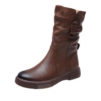 Fashion Soft Cowhide Boots for Women High Boots Winter Shoes for Women Leather Riding Boots Cowboy Boots Warm Fluffy Snow Boots