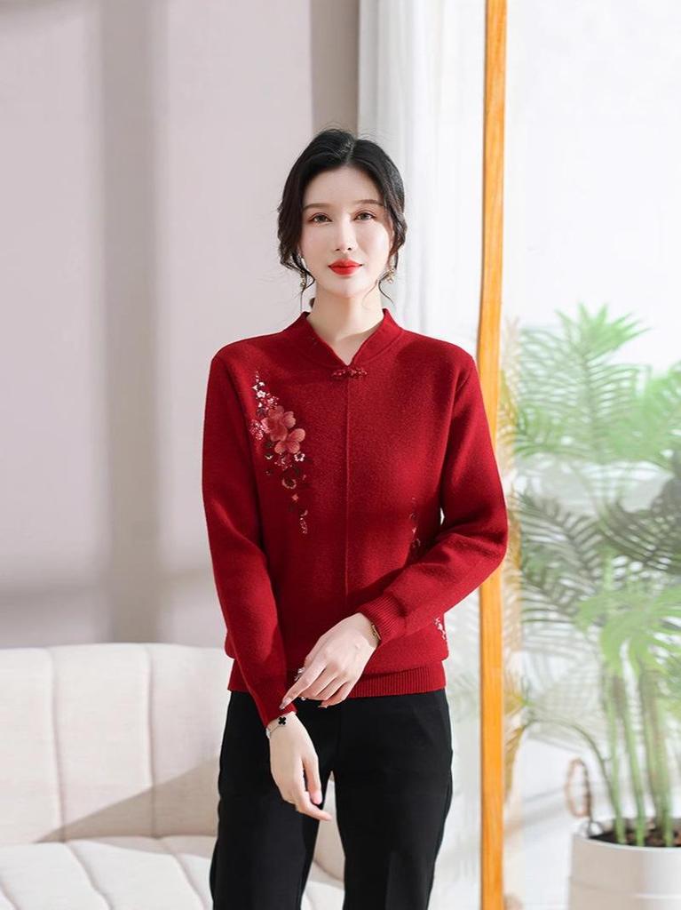 2025 Autumn/Winter Wool Sweater for Mom and Mother-in-law, Warm Red Base Layer for Middle-Aged & Elderly Women