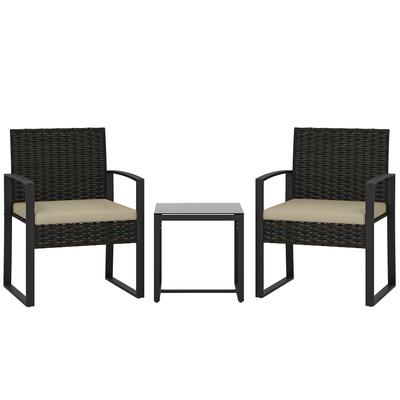 Outdoor Garden Lounge In Braided Resin 2 People, Garden Table with 2 Chairs, Tempered Glass Top, Brown