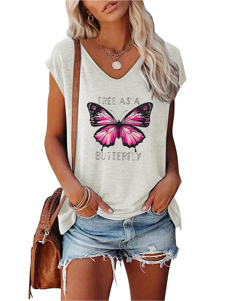 Damenmode V-Ausschnitt Kurzarm Top Sommer Casual Print T-Shirt
