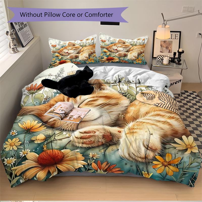 3pcs Sleeping Ginger Kitten Printed Quilt Set, Soft and Comfortable Quilt Cover for Bedroom