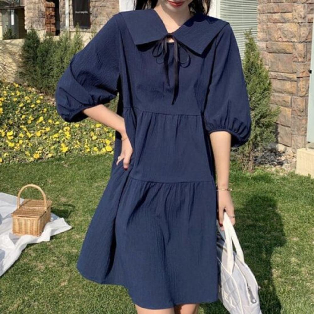 Navava Women Ruffled Collar Puff Sleeve Loose Fit 5 Part Dress No994