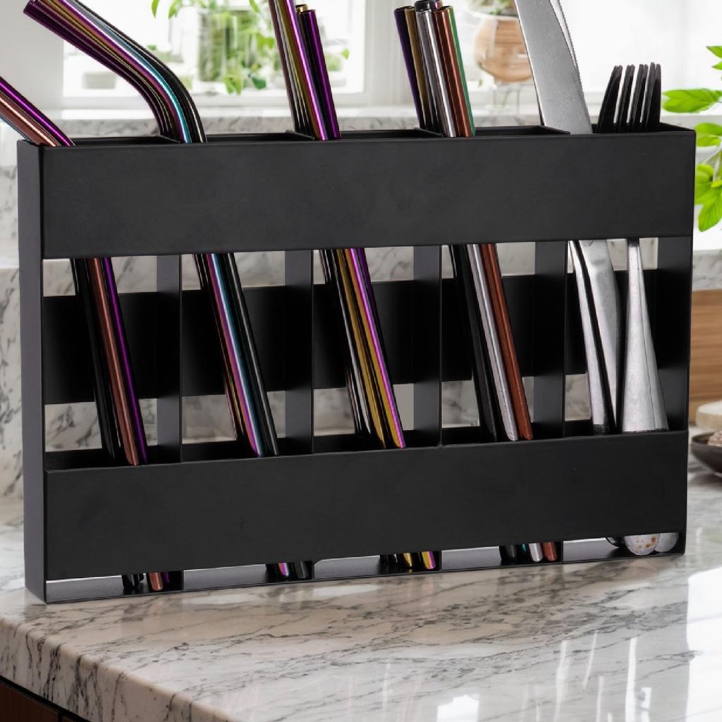 Straw Organizer Black 5 Compartment Space Saving Metal Straw Storage Holder with Double Side Adhesive Tape for Kitchen Cabinet