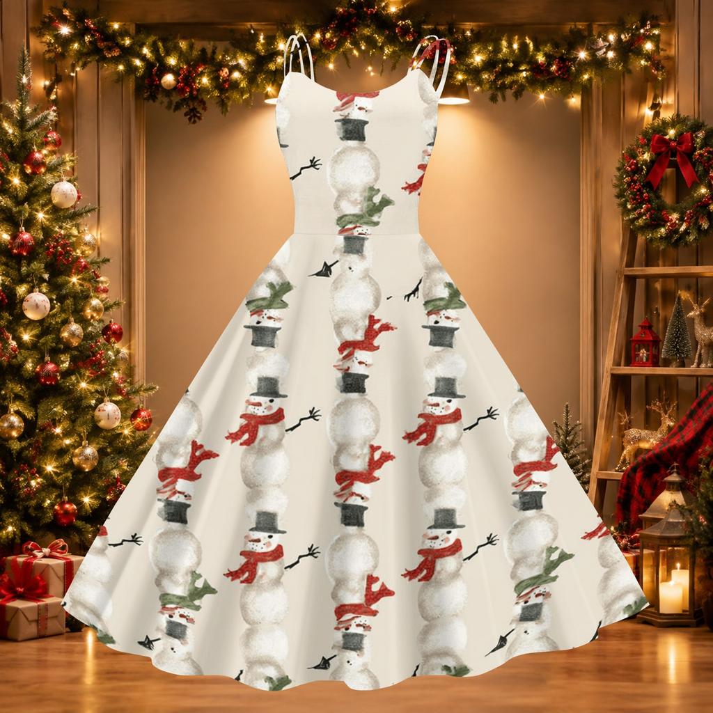 Damen Weihnachtsdruck Off-Shoulder Vintage Kleid