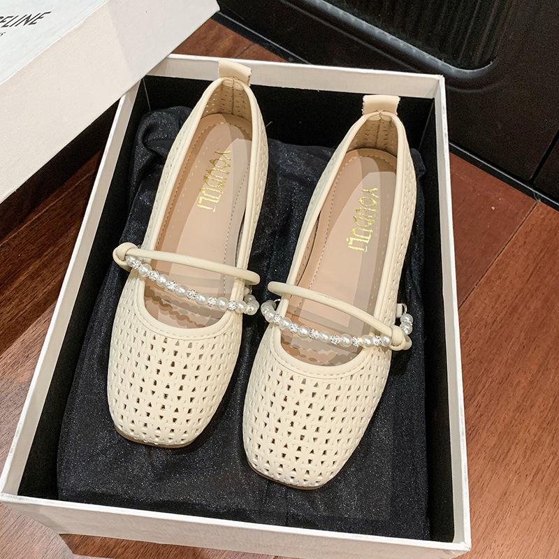 

Fairy wind Mary Jane thick heel single shoes women s summer new breathable mesh comfortable medium heel soft sole one pedal single shoes 40 бежевый