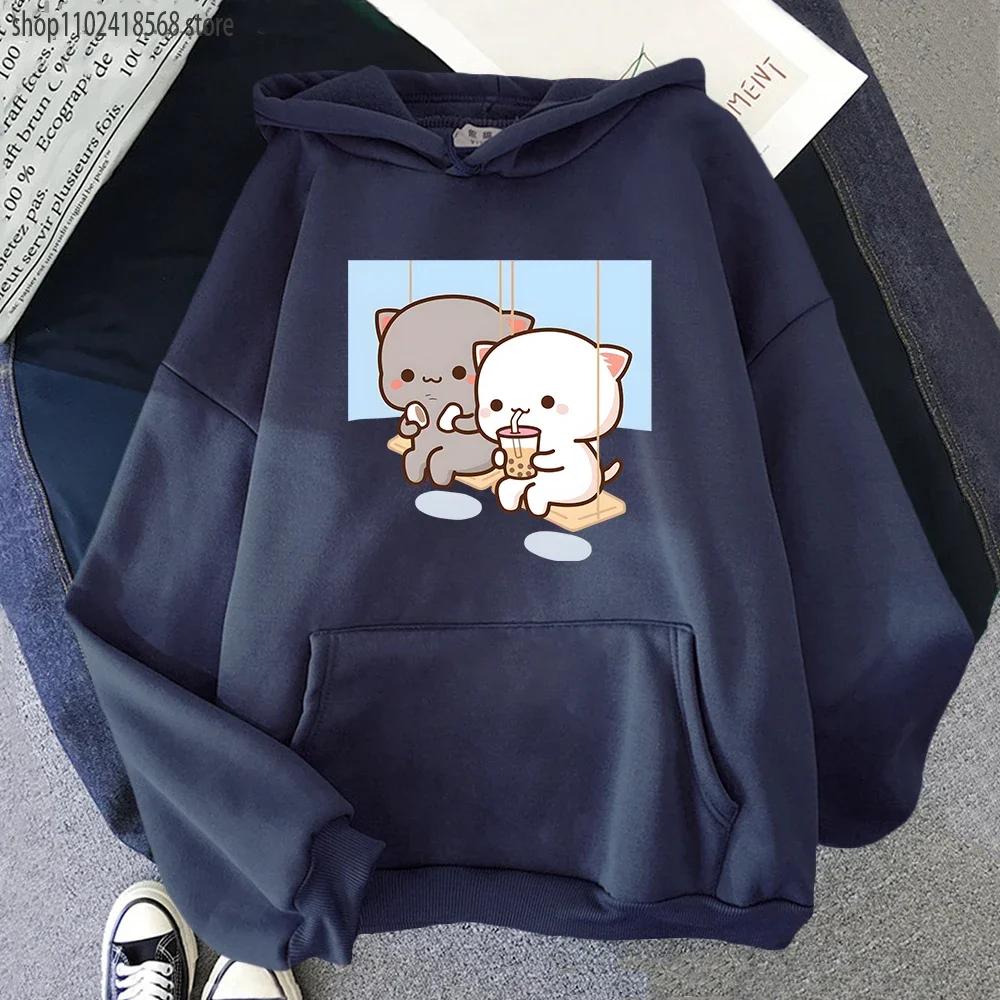 Cute Peach Cat Cartoon Hoodies Bubble Tea Sweatshirt Mujer Camisetas Black Top Winter Kawaii Graphic Long Sleeve Clothing