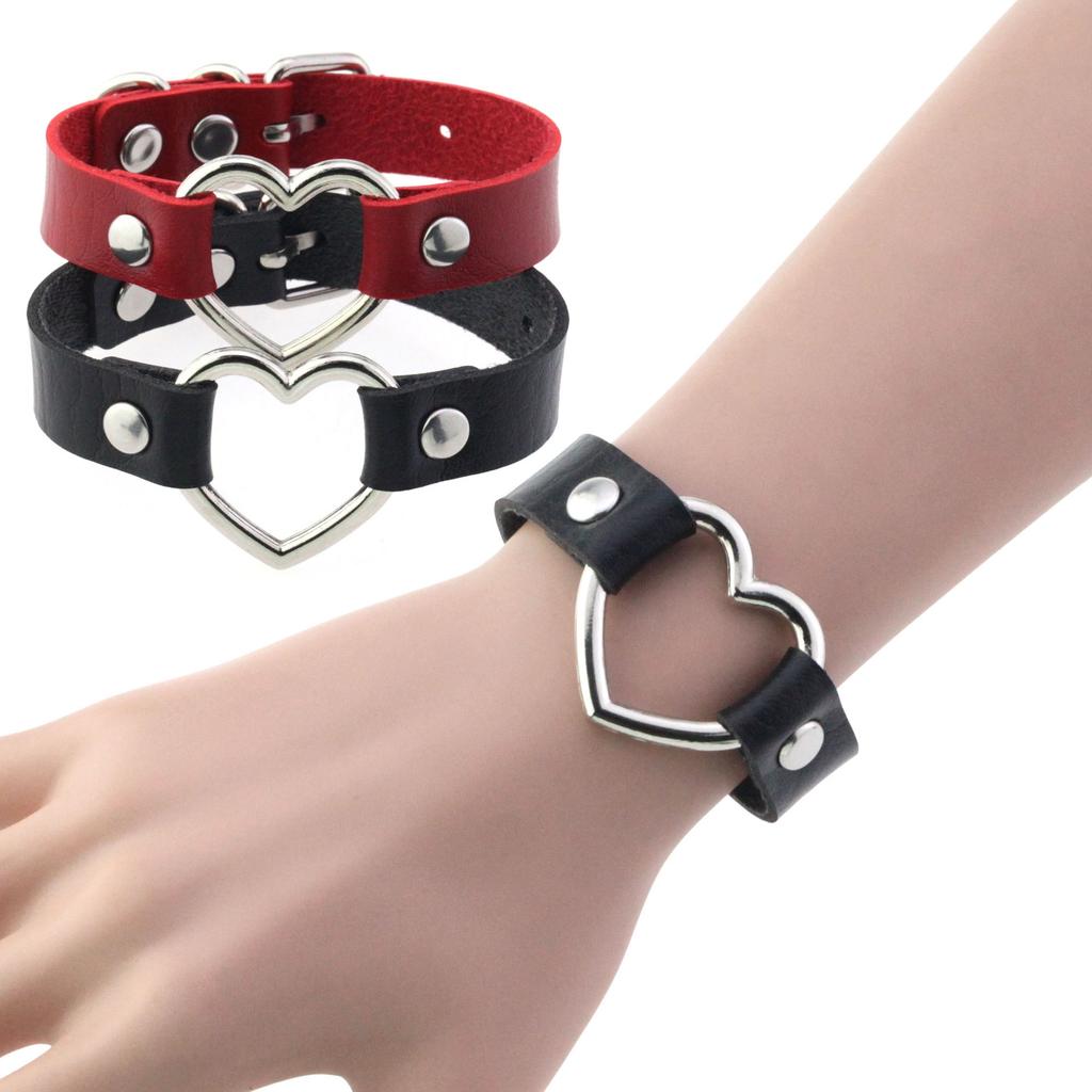 Silvery Heart Gothic Studded Bracelet Pu Leather Adjustable Black Wristband Rock Punk Cuff Bangles