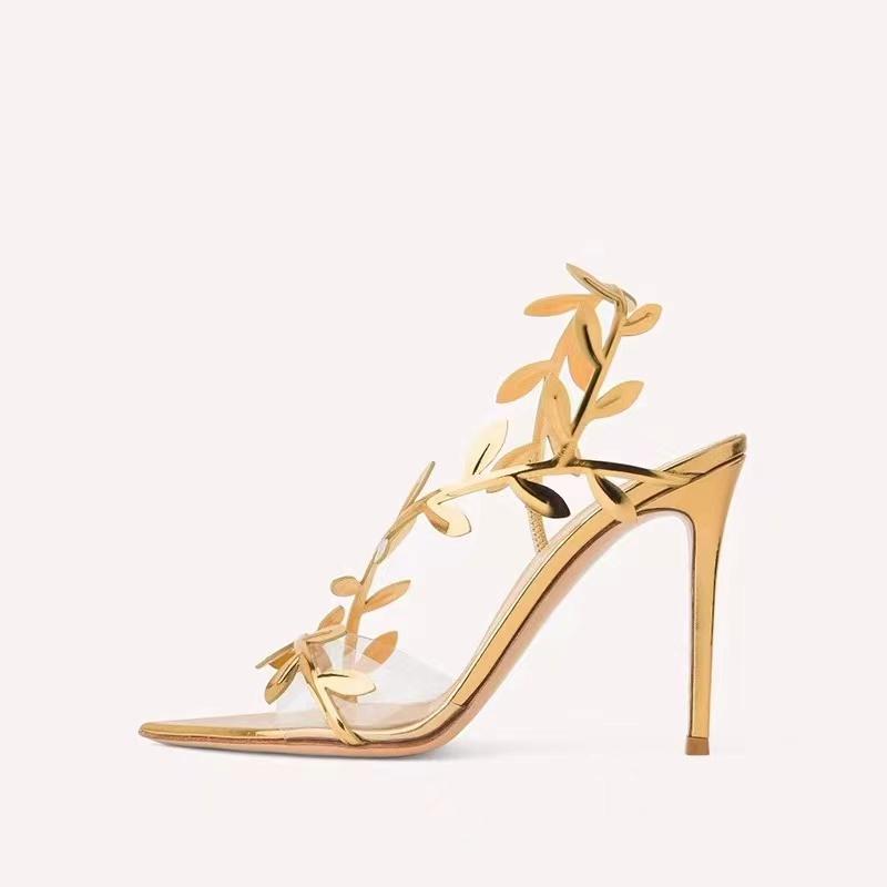

2024 Summer Patent Leather Gold Leaf Women Sandals Elegant Pointed toe Thin High heels Gladiator Sandalias Party Shoes 35 золотой
