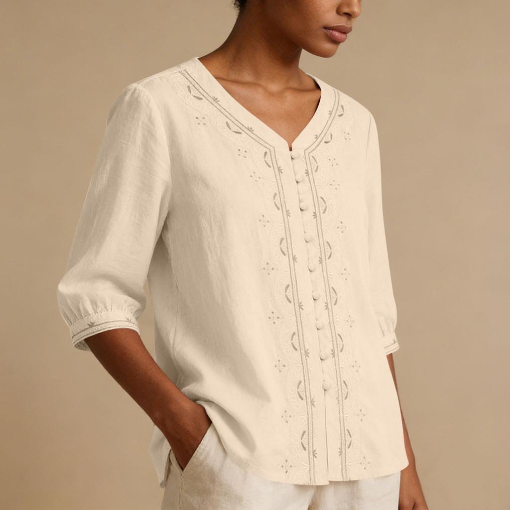 Women Cotton Linen Blouse Vintage Chinese Button Shirt 3/4 Sleeve V Neck Casual Loose Fit Top