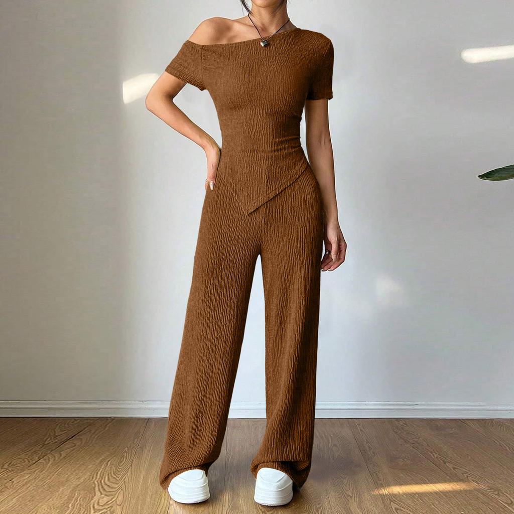 Damen Sets Ein Schulter T-Shirt Und Weitbeinige Hose Mit Niedriger Taille Set