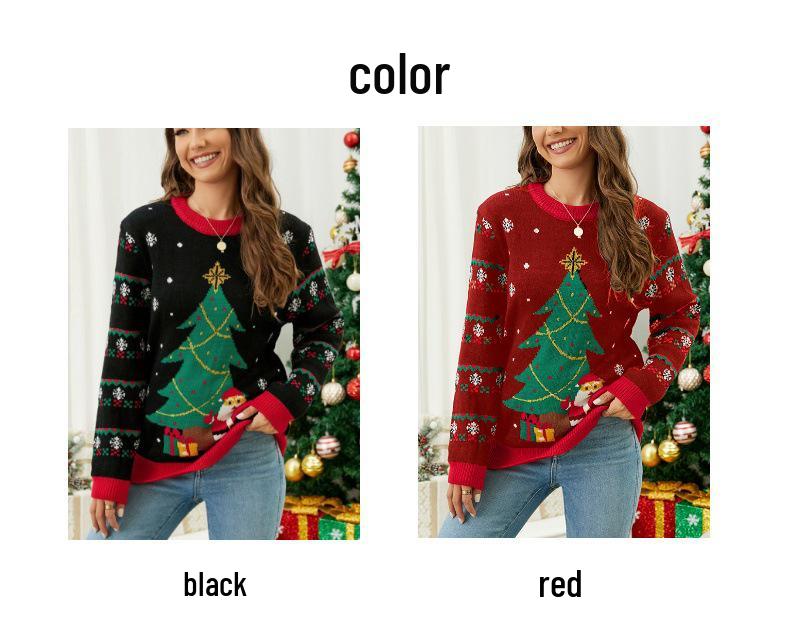 Women's Christmas LED Knit Sweater: European & American Style, Round Neck, Santa Claus & Christmas Tree Jacquard Design