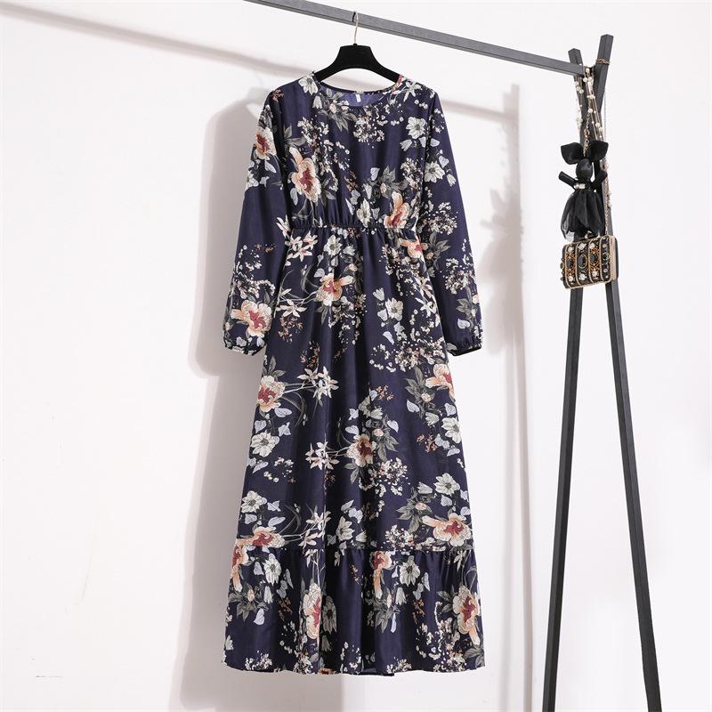2022 European & American Floral A-Line Dress - Spring, Long Sleeve, Round Neck, Slim Fit